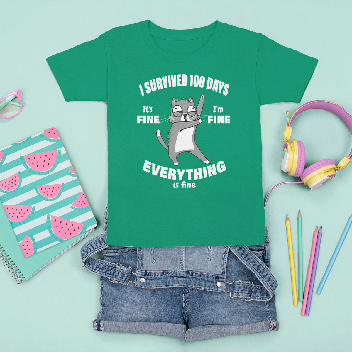 100th Day Of School T Shirt For Kid Funny Cat Everything Is Fine I Survived 100 Days - Wonder Print Shop