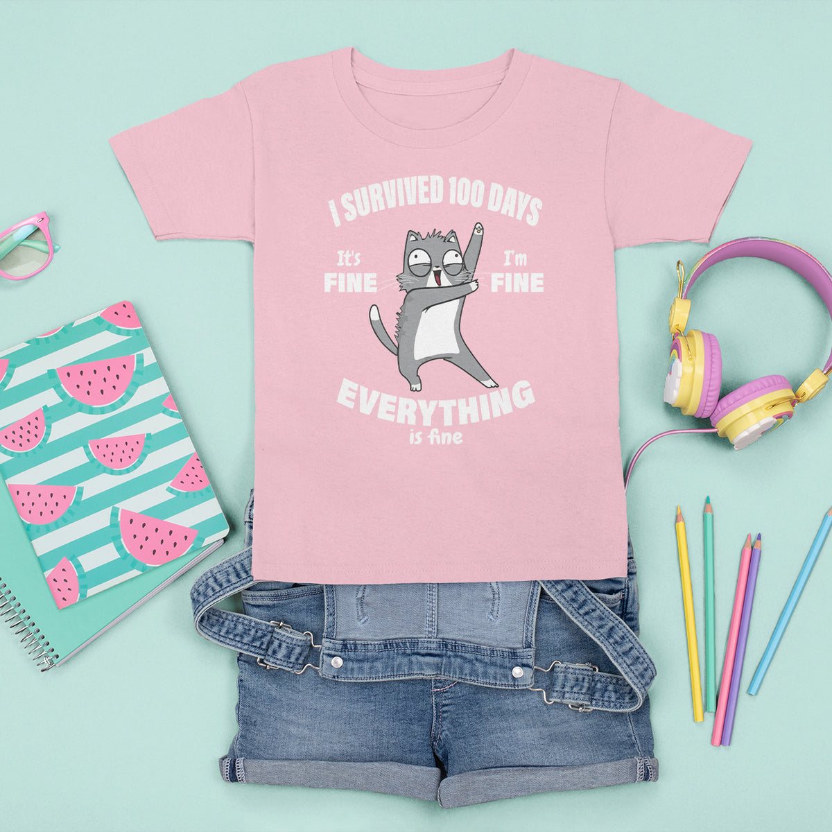 100th Day Of School T Shirt For Kid Funny Cat Everything Is Fine I Survived 100 Days - Wonder Print Shop