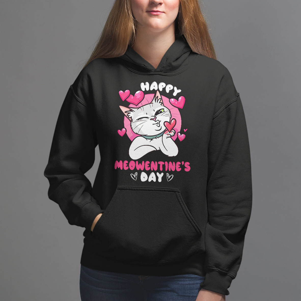 Valentine's Day Hoodie Happy Meowentine Cute Cat Kisses - Wonder Print Shop