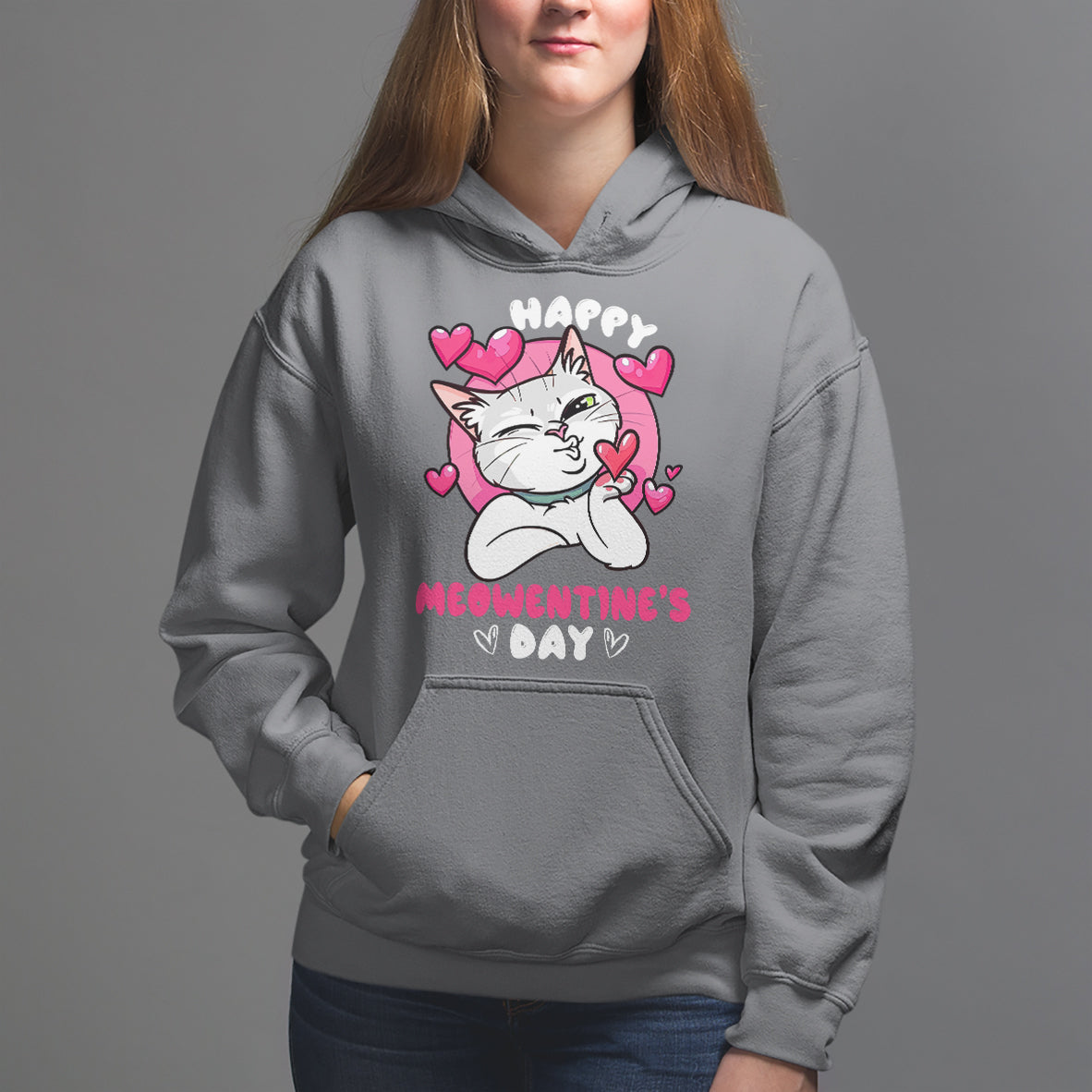 Valentine's Day Hoodie Happy Meowentine Cute Cat Kisses - Wonder Print Shop