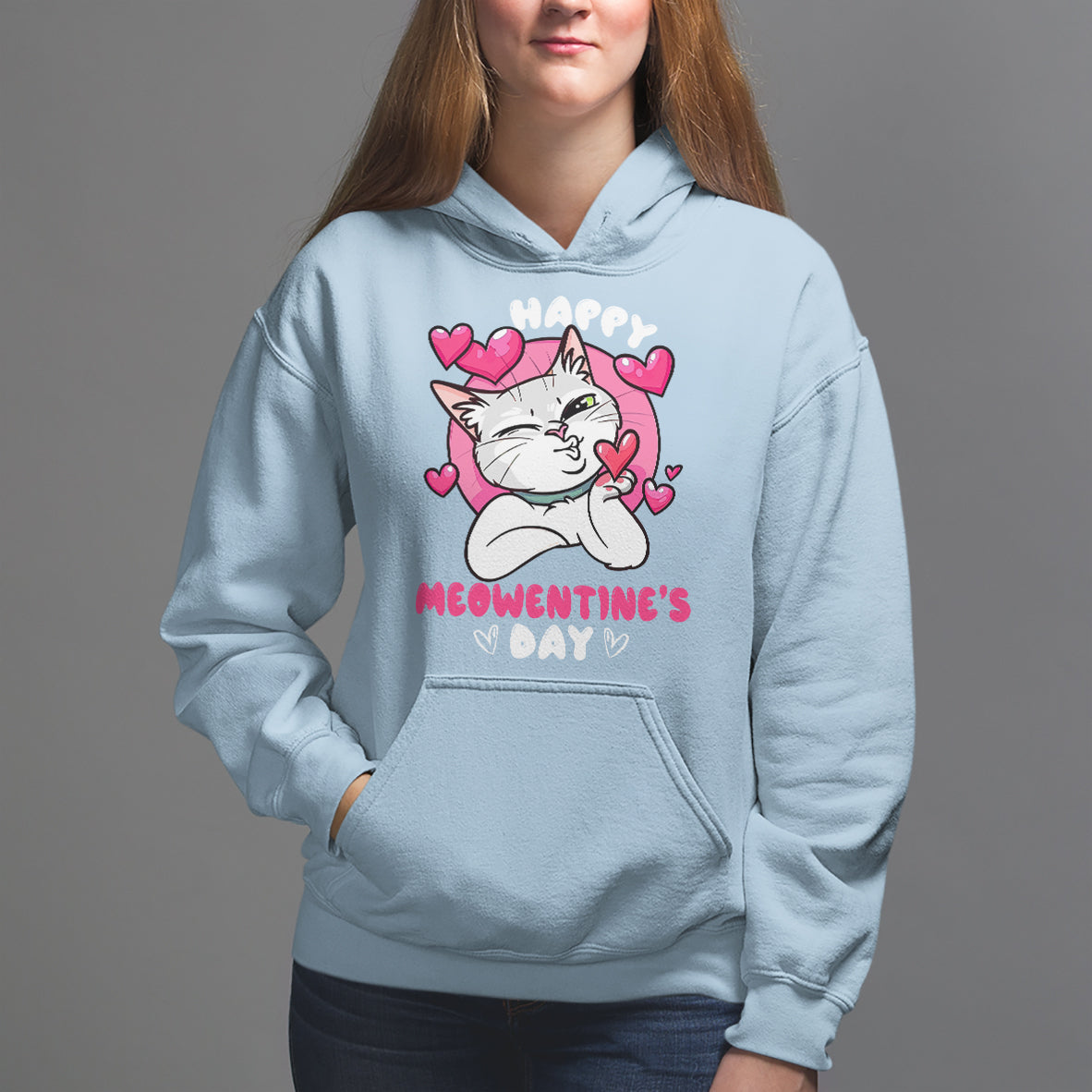 Valentine's Day Hoodie Happy Meowentine Cute Cat Kisses - Wonder Print Shop