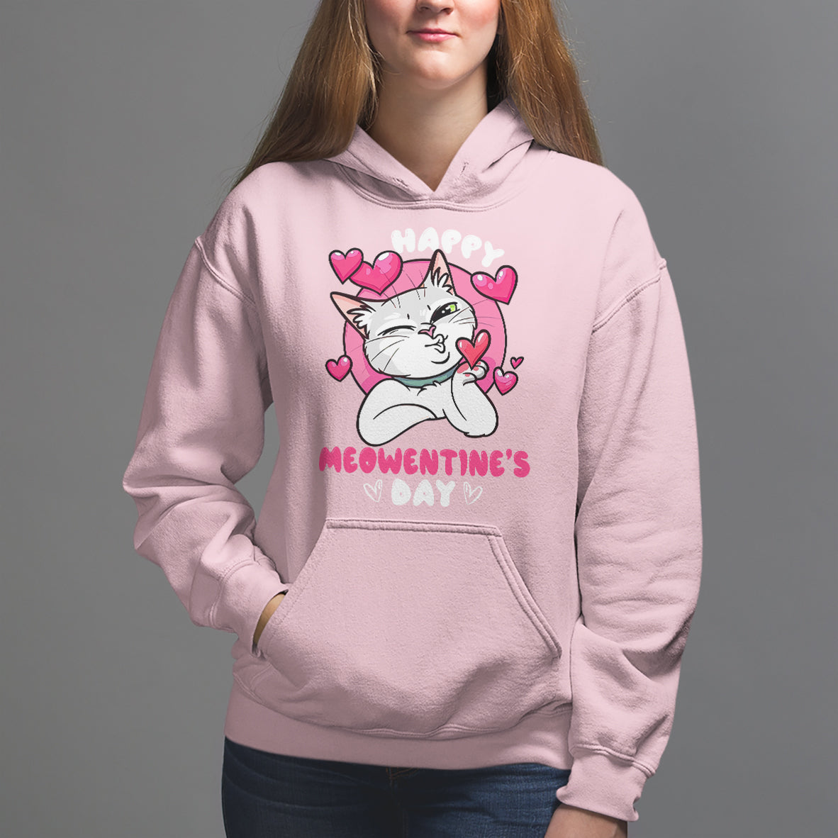 Valentine's Day Hoodie Happy Meowentine Cute Cat Kisses - Wonder Print Shop