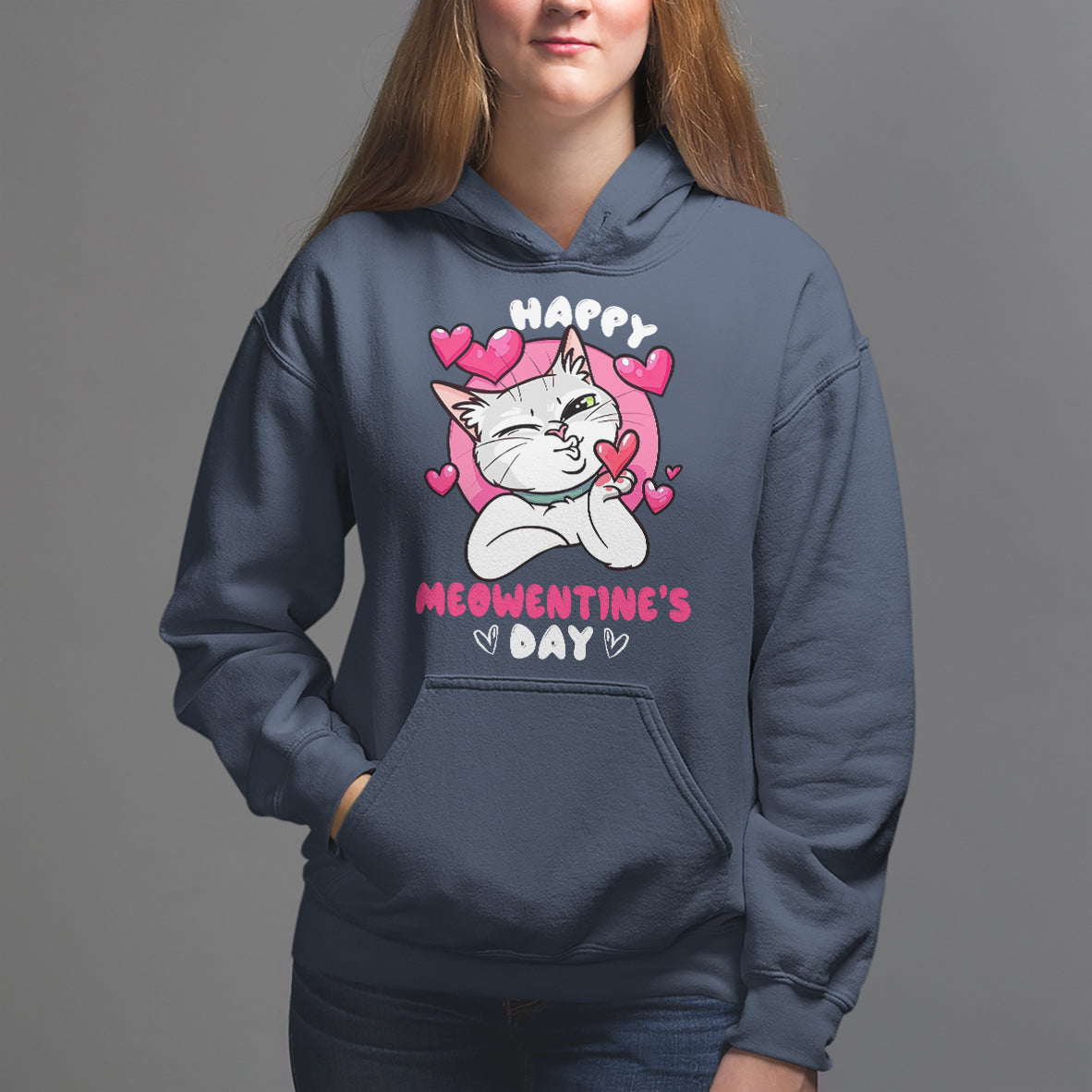 Valentine's Day Hoodie Happy Meowentine Cute Cat Kisses - Wonder Print Shop