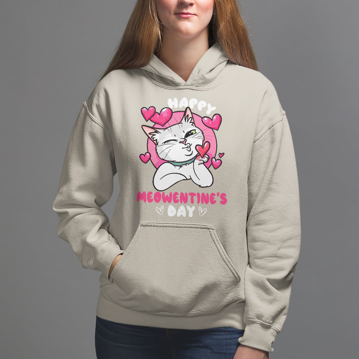 Valentine's Day Hoodie Happy Meowentine Cute Cat Kisses - Wonder Print Shop