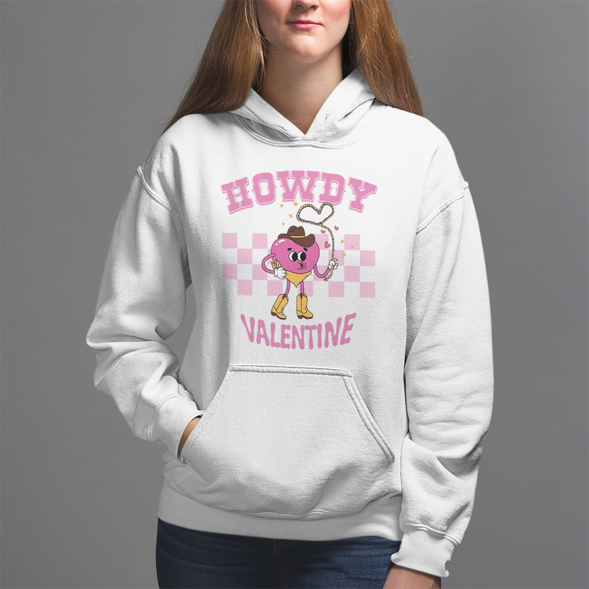 Valentine's Day Hoodie Howdy Valentine Heart Retro Groovy - Wonder Print Shop