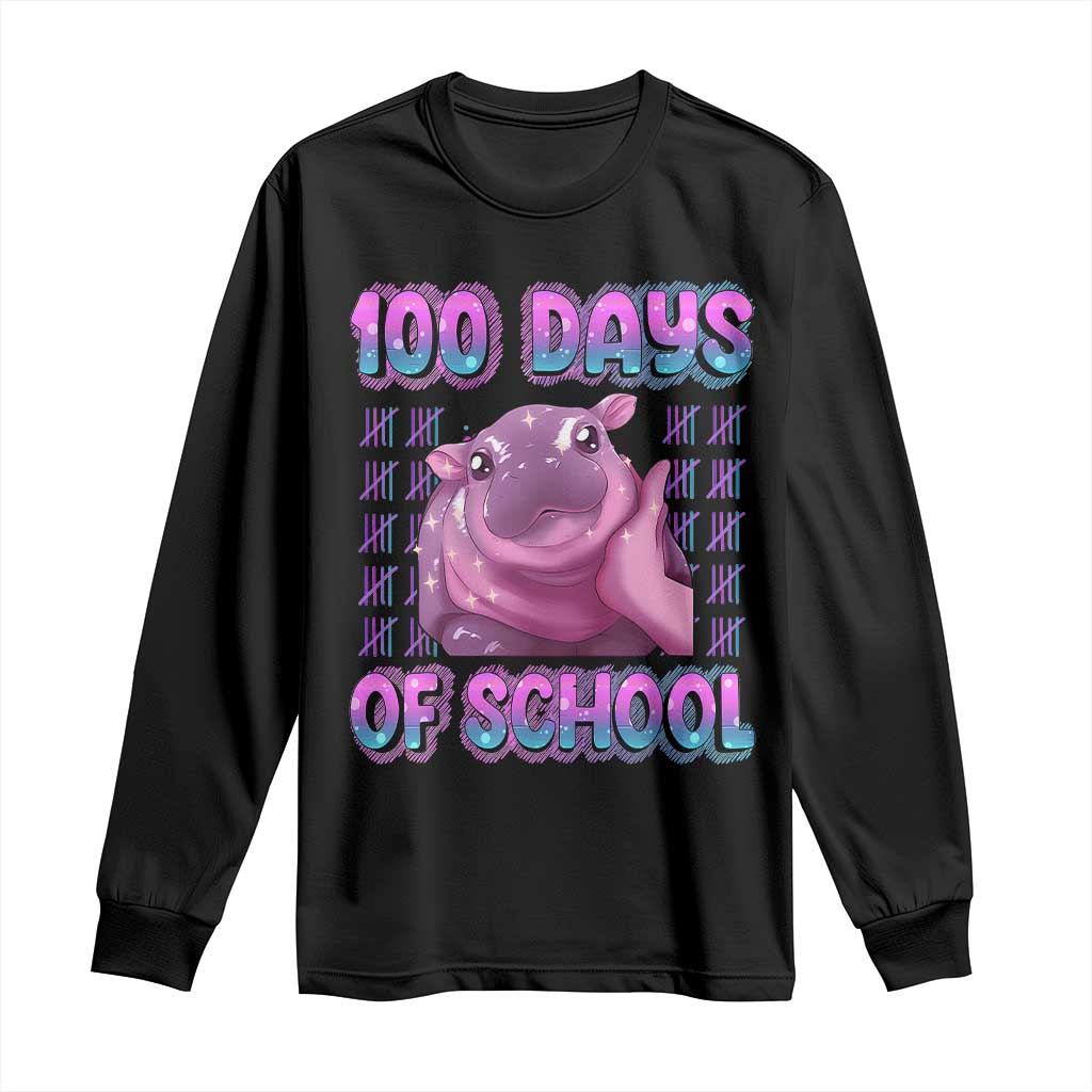 100th Day Of School Long Sleeve Shirt Cute Moo Deng Baby Hippo 100 Days