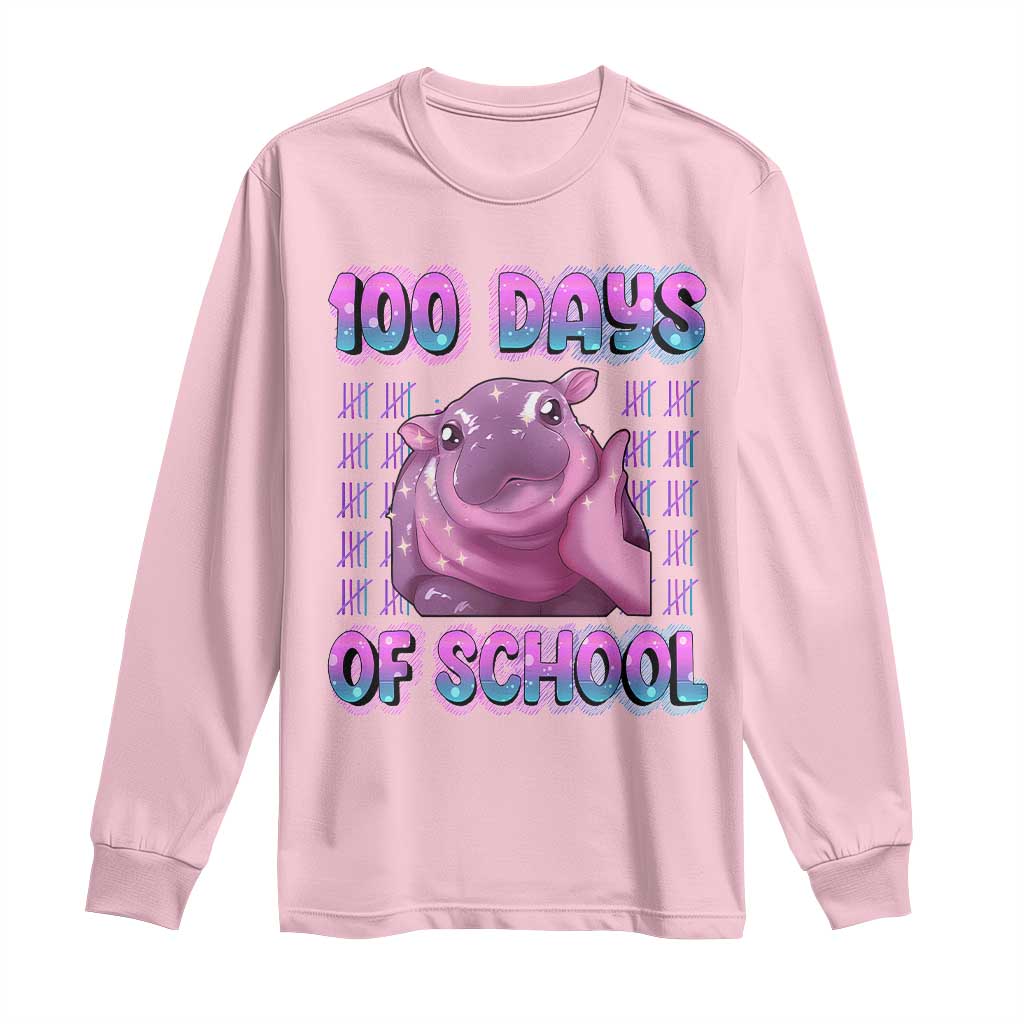 100th Day Of School Long Sleeve Shirt Cute Moo Deng Baby Hippo 100 Days
