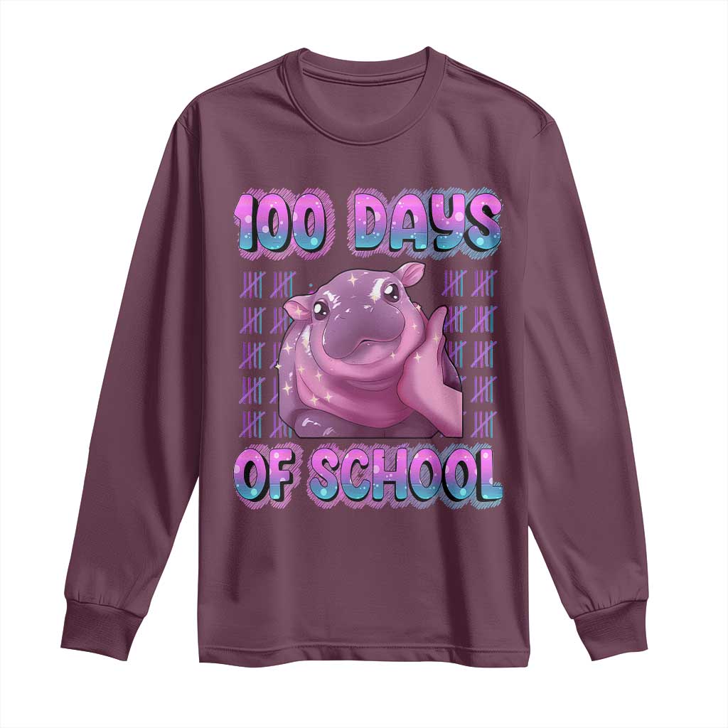100th Day Of School Long Sleeve Shirt Cute Moo Deng Baby Hippo 100 Days
