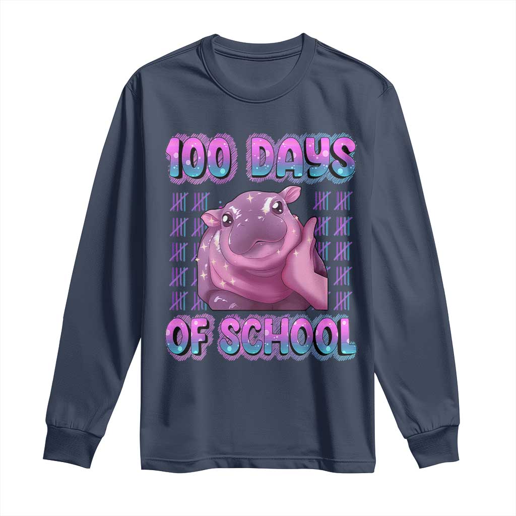 100th Day Of School Long Sleeve Shirt Cute Moo Deng Baby Hippo 100 Days