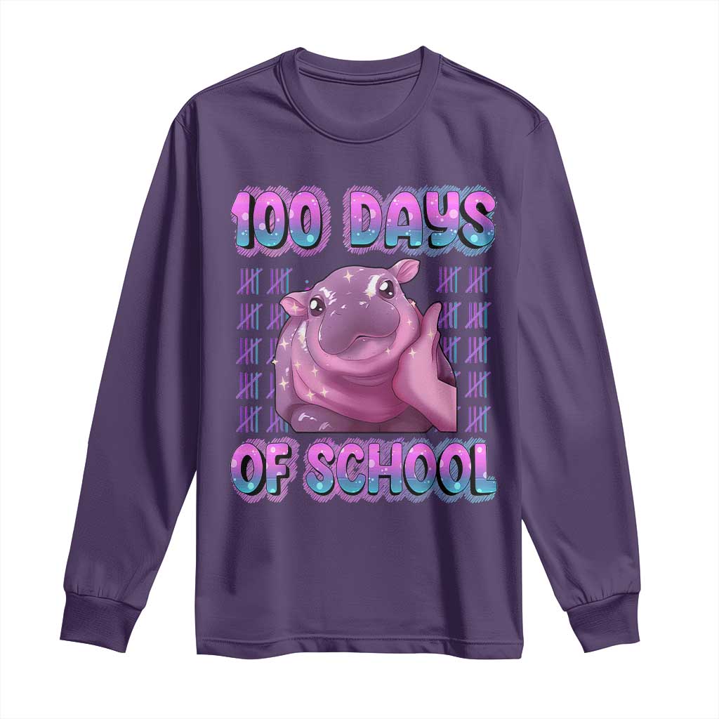 100th Day Of School Long Sleeve Shirt Cute Moo Deng Baby Hippo 100 Days