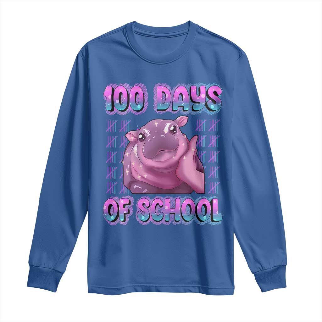 100th Day Of School Long Sleeve Shirt Cute Moo Deng Baby Hippo 100 Days