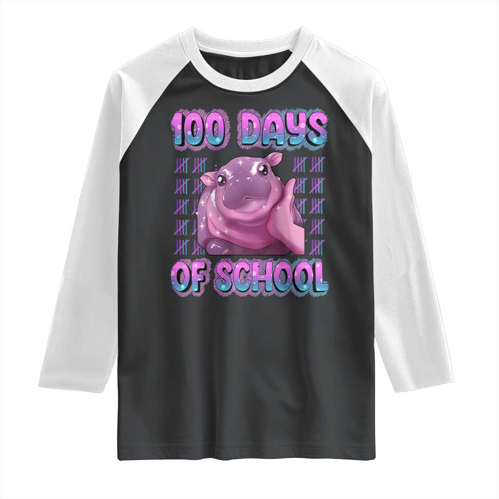 100th Day Of School Raglan Shirt Cute Moo Deng Baby Hippo 100 Days