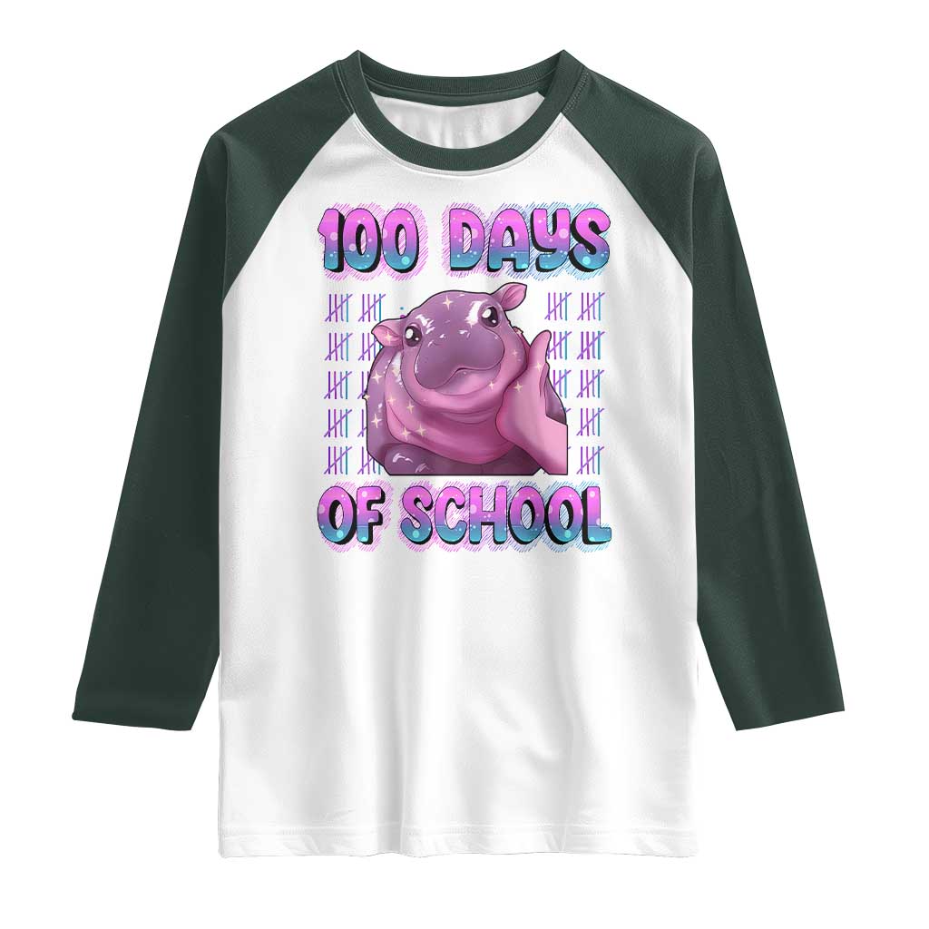 100th Day Of School Raglan Shirt Cute Moo Deng Baby Hippo 100 Days
