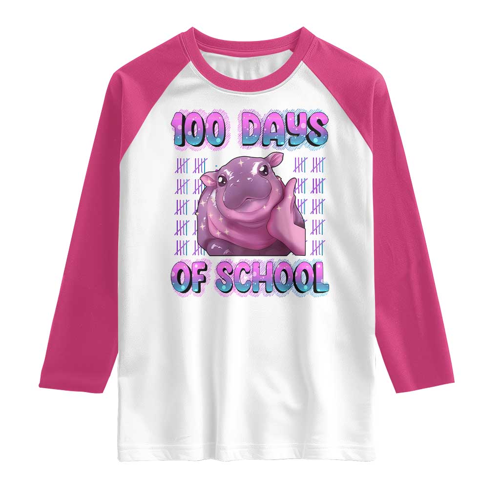 100th Day Of School Raglan Shirt Cute Moo Deng Baby Hippo 100 Days