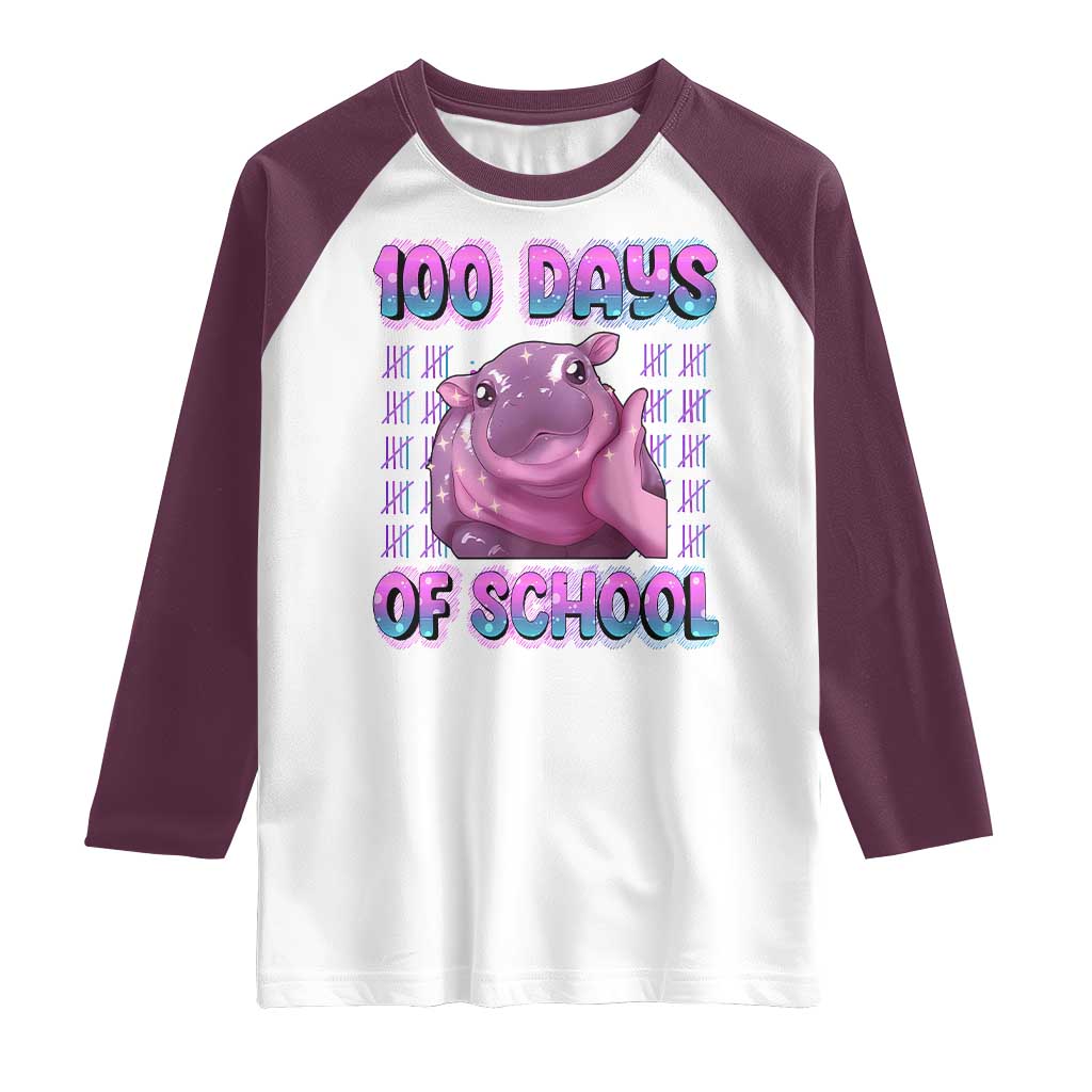 100th Day Of School Raglan Shirt Cute Moo Deng Baby Hippo 100 Days