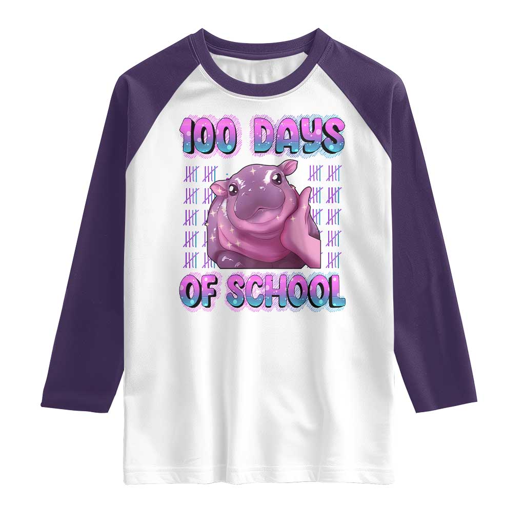100th Day Of School Raglan Shirt Cute Moo Deng Baby Hippo 100 Days