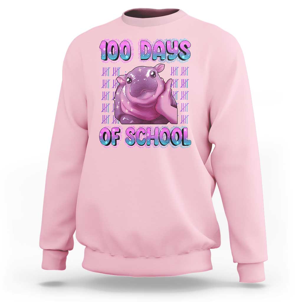 100th Day Of School Sweatshirt Cute Moo Deng Baby Hippo 100 Days - Wonder Print Shop