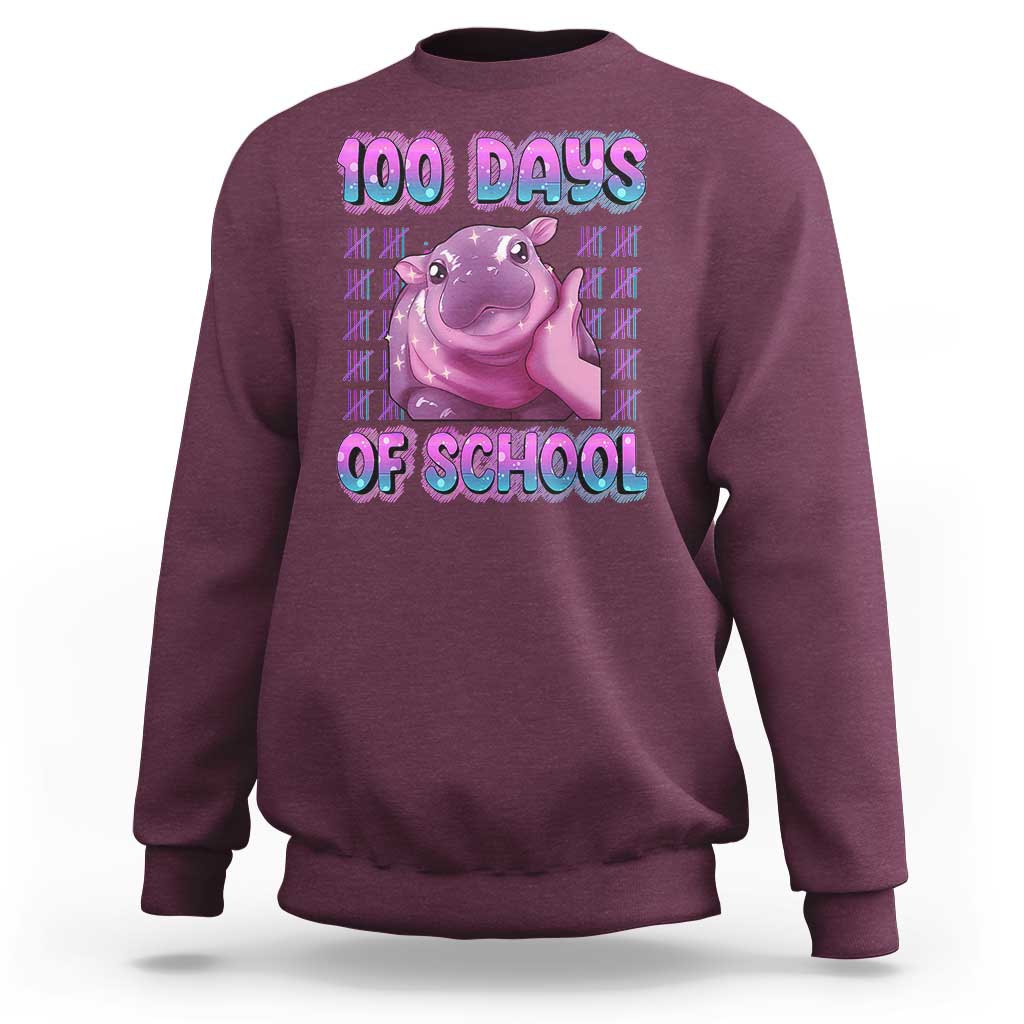 100th Day Of School Sweatshirt Cute Moo Deng Baby Hippo 100 Days - Wonder Print Shop