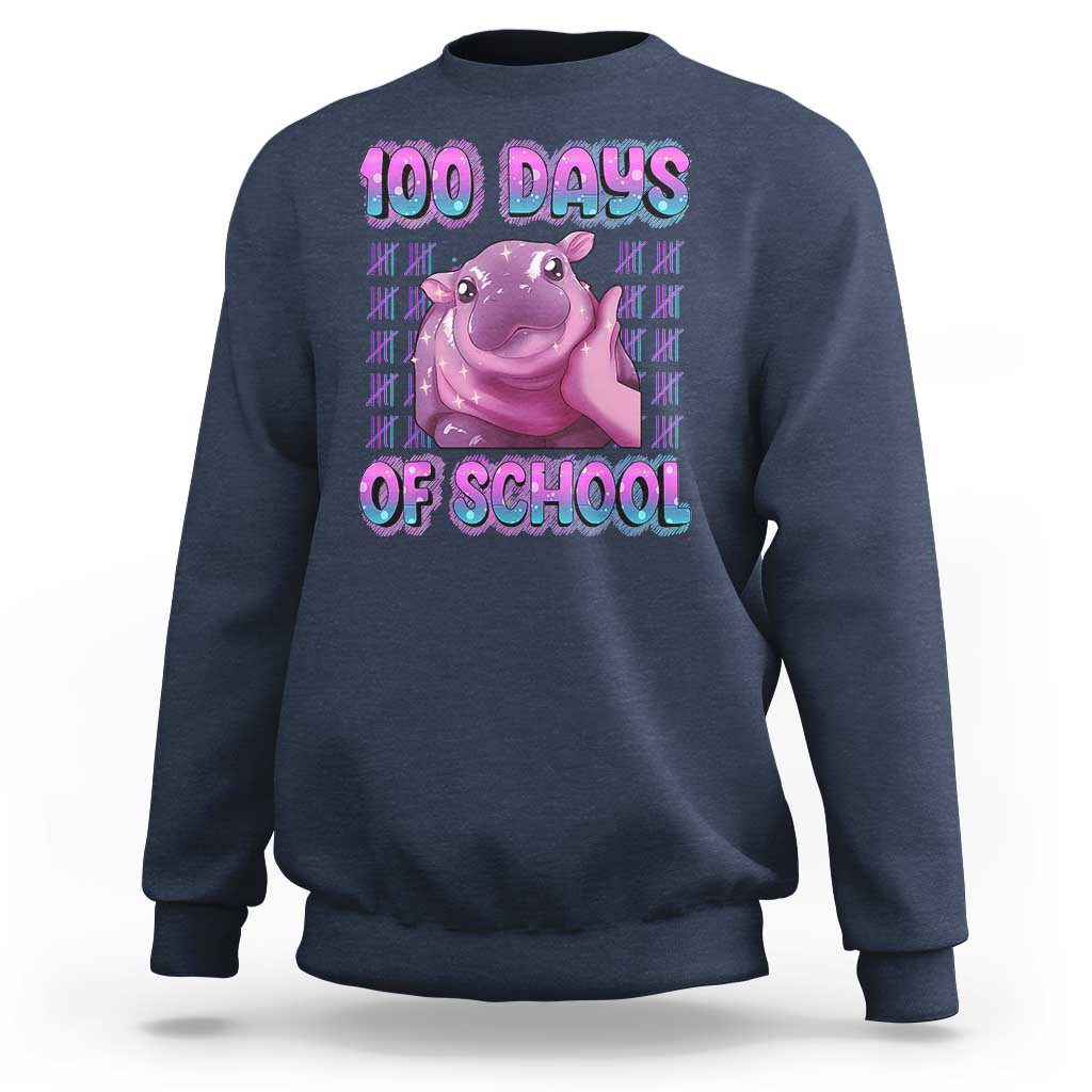 100th Day Of School Sweatshirt Cute Moo Deng Baby Hippo 100 Days - Wonder Print Shop