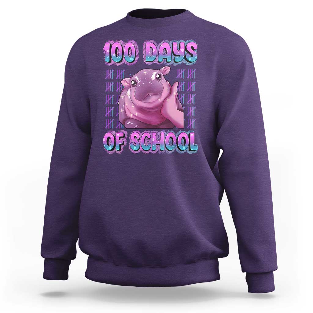 100th Day Of School Sweatshirt Cute Moo Deng Baby Hippo 100 Days - Wonder Print Shop