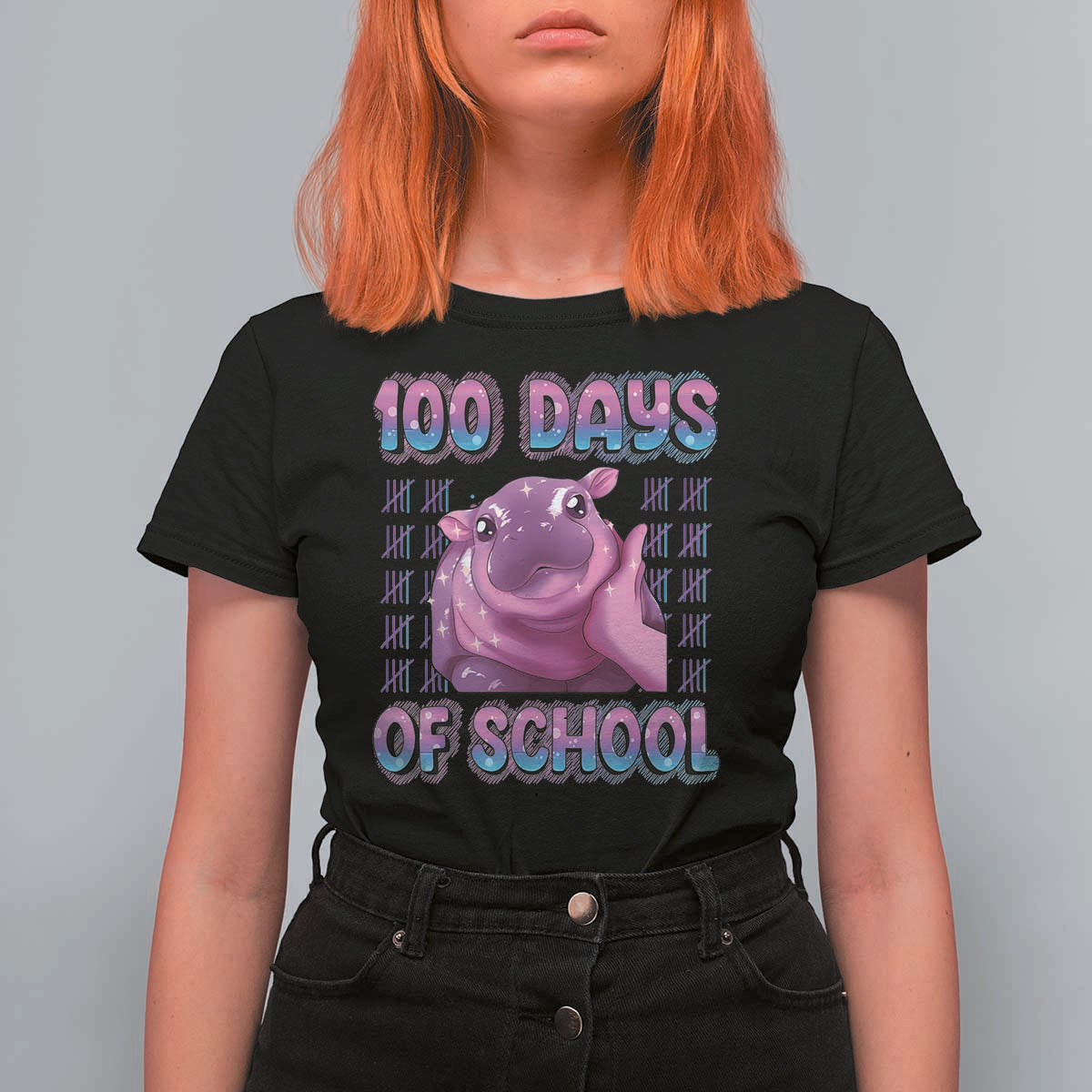 100th Day Of School T Shirt For Women Cute Moo Deng Baby Hippo 100 Days - Wonder Print Shop