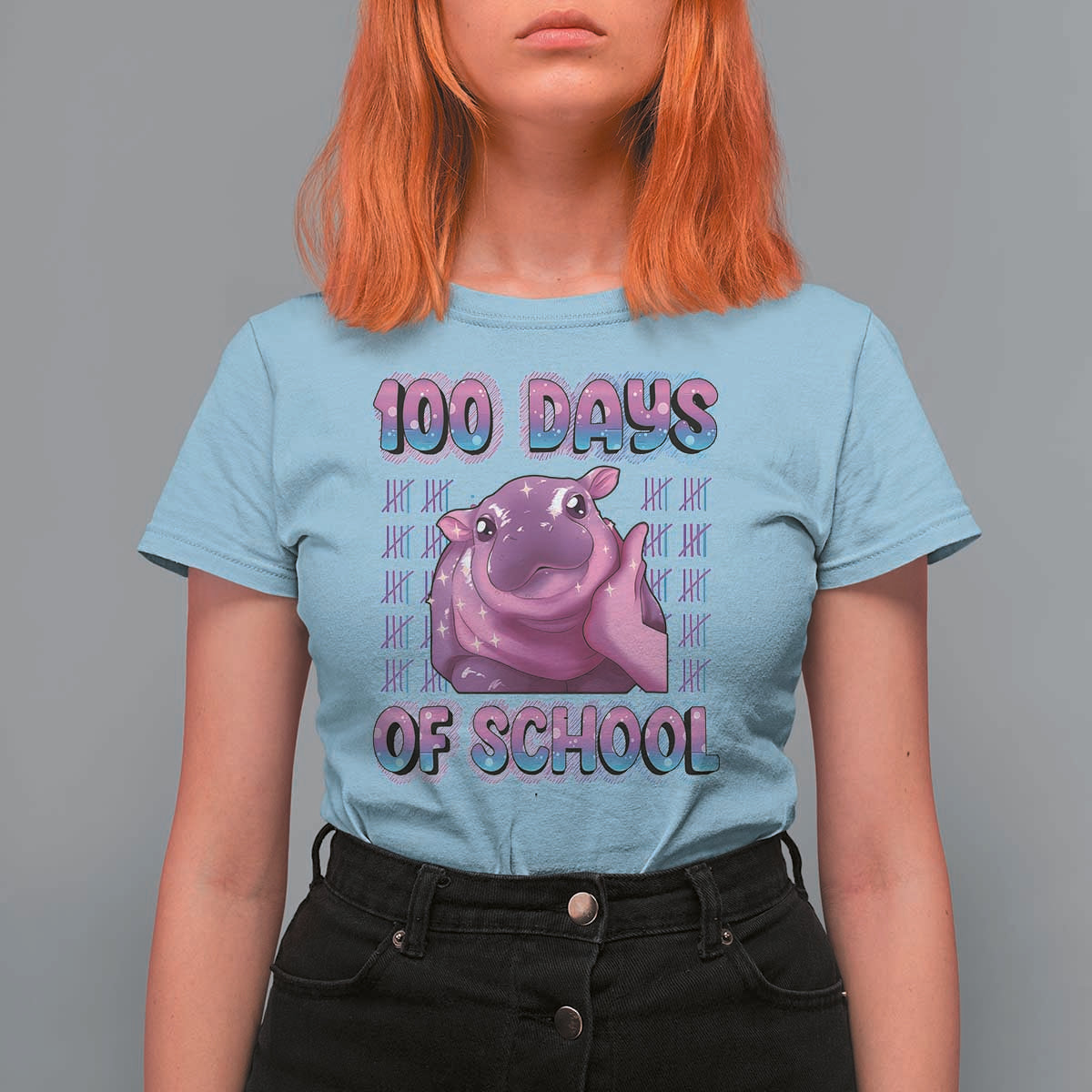 100th Day Of School T Shirt For Women Cute Moo Deng Baby Hippo 100 Days - Wonder Print Shop