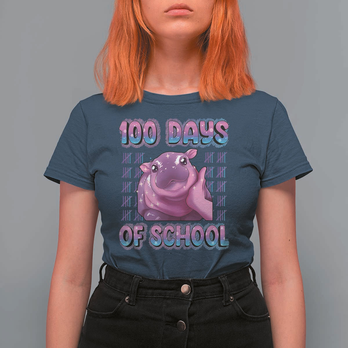 100th Day Of School T Shirt For Women Cute Moo Deng Baby Hippo 100 Days - Wonder Print Shop