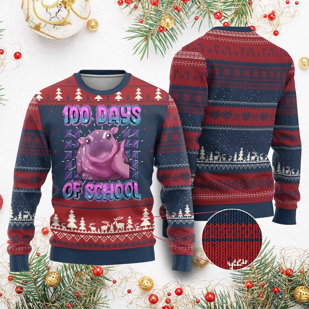 100th Day Of School Ugly Christmas Sweater Cute Moo Deng Baby Hippo 100 Days - Wonder Print Shop