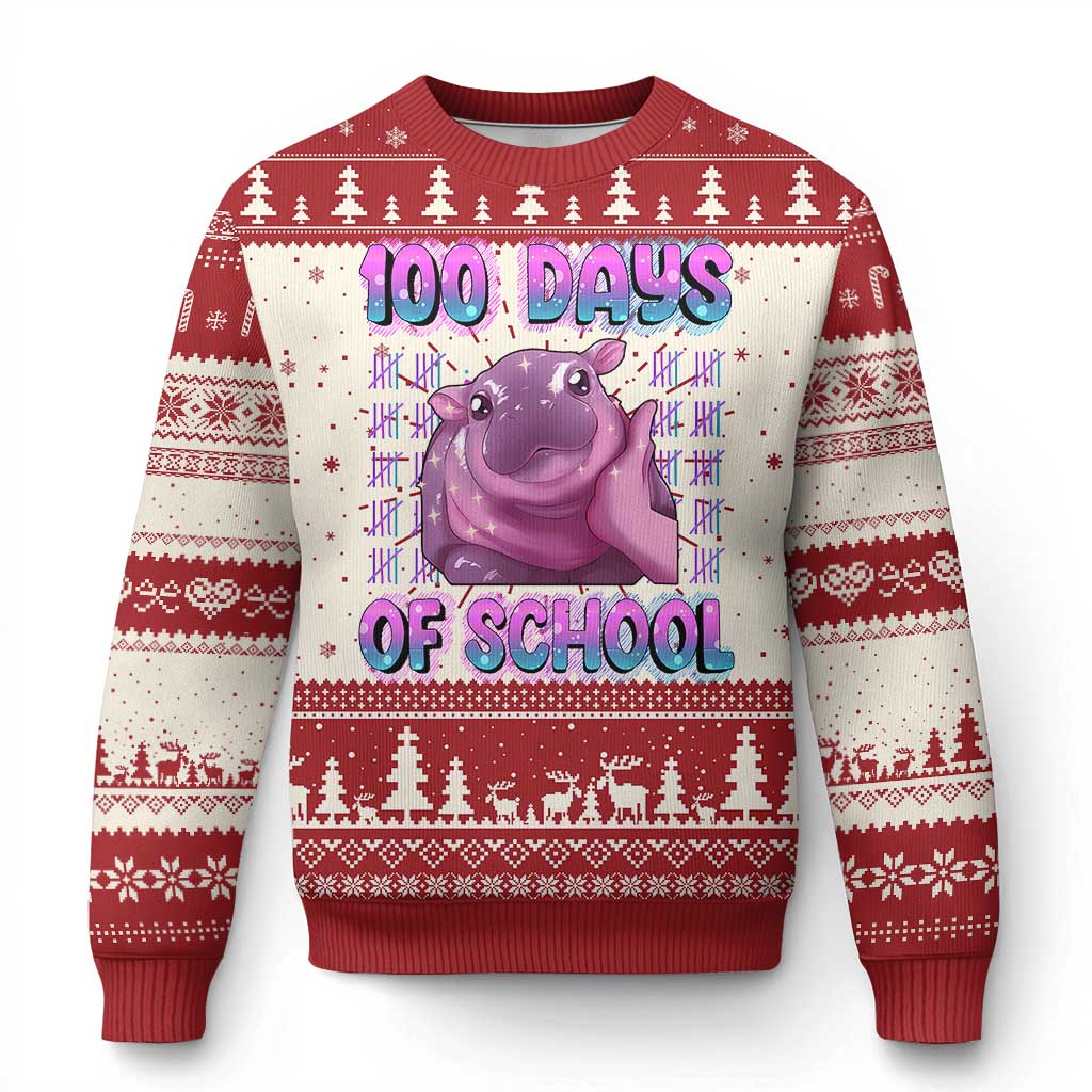 100th Day Of School Ugly Christmas Sweater Cute Moo Deng Baby Hippo 100 Days - Wonder Print Shop