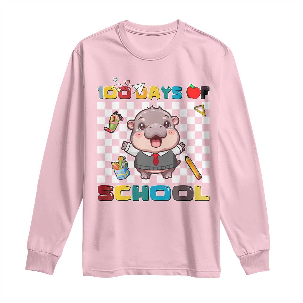 Moo Deng 100th Day Of School Long Sleeve Shirt Cute Baby Hippo 100 Days