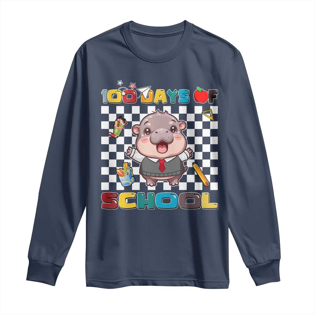 Moo Deng 100th Day Of School Long Sleeve Shirt Cute Baby Hippo 100 Days