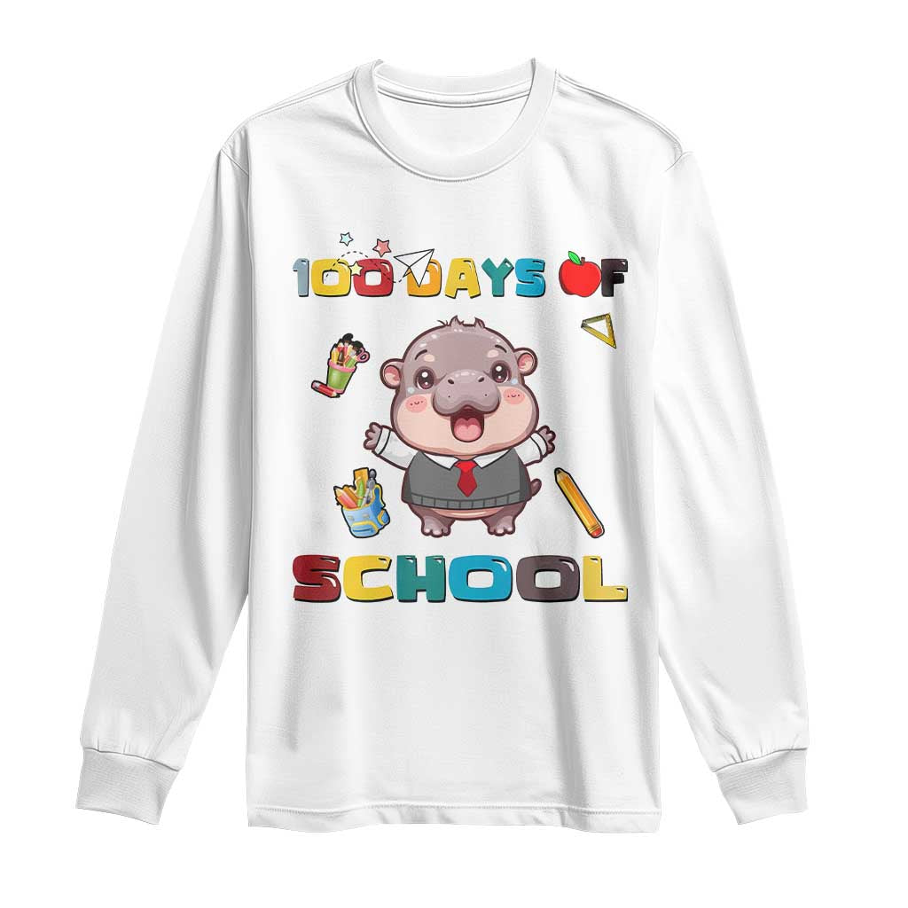 Moo Deng 100th Day Of School Long Sleeve Shirt Cute Baby Hippo 100 Days