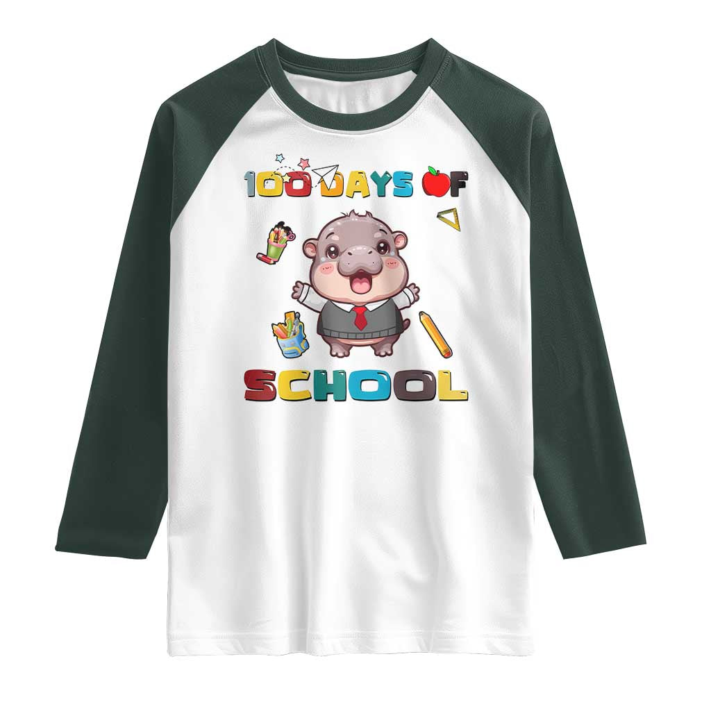 Moo Deng 100th Day Of School Raglan Shirt Cute Baby Hippo 100 Days