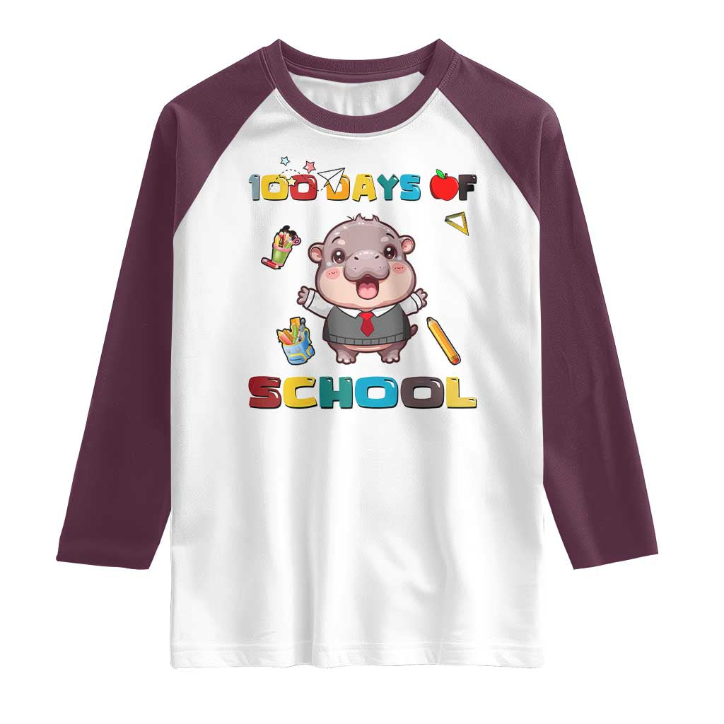 Moo Deng 100th Day Of School Raglan Shirt Cute Baby Hippo 100 Days