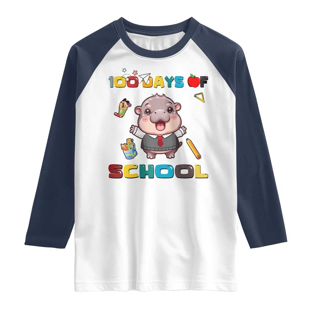 Moo Deng 100th Day Of School Raglan Shirt Cute Baby Hippo 100 Days