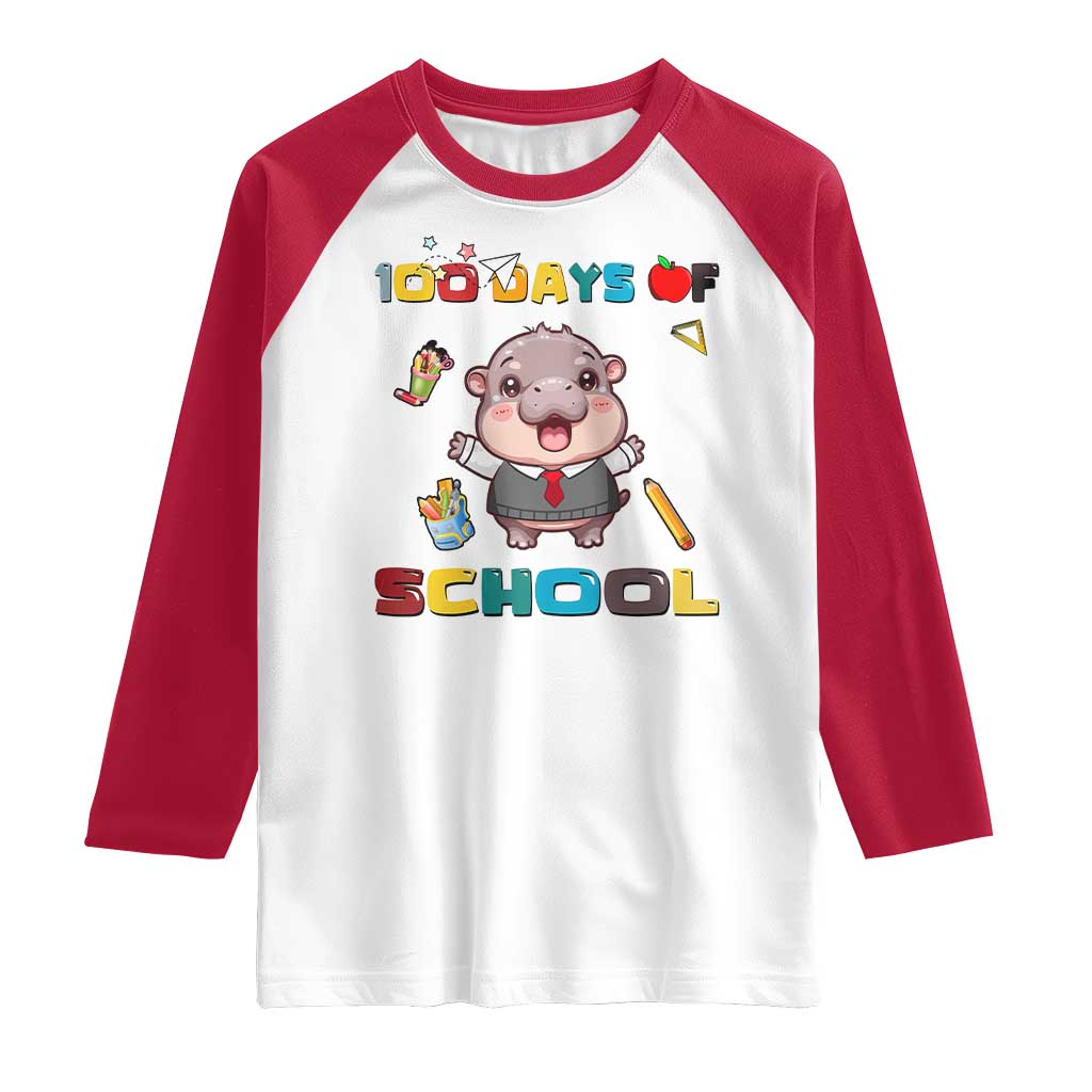 Moo Deng 100th Day Of School Raglan Shirt Cute Baby Hippo 100 Days