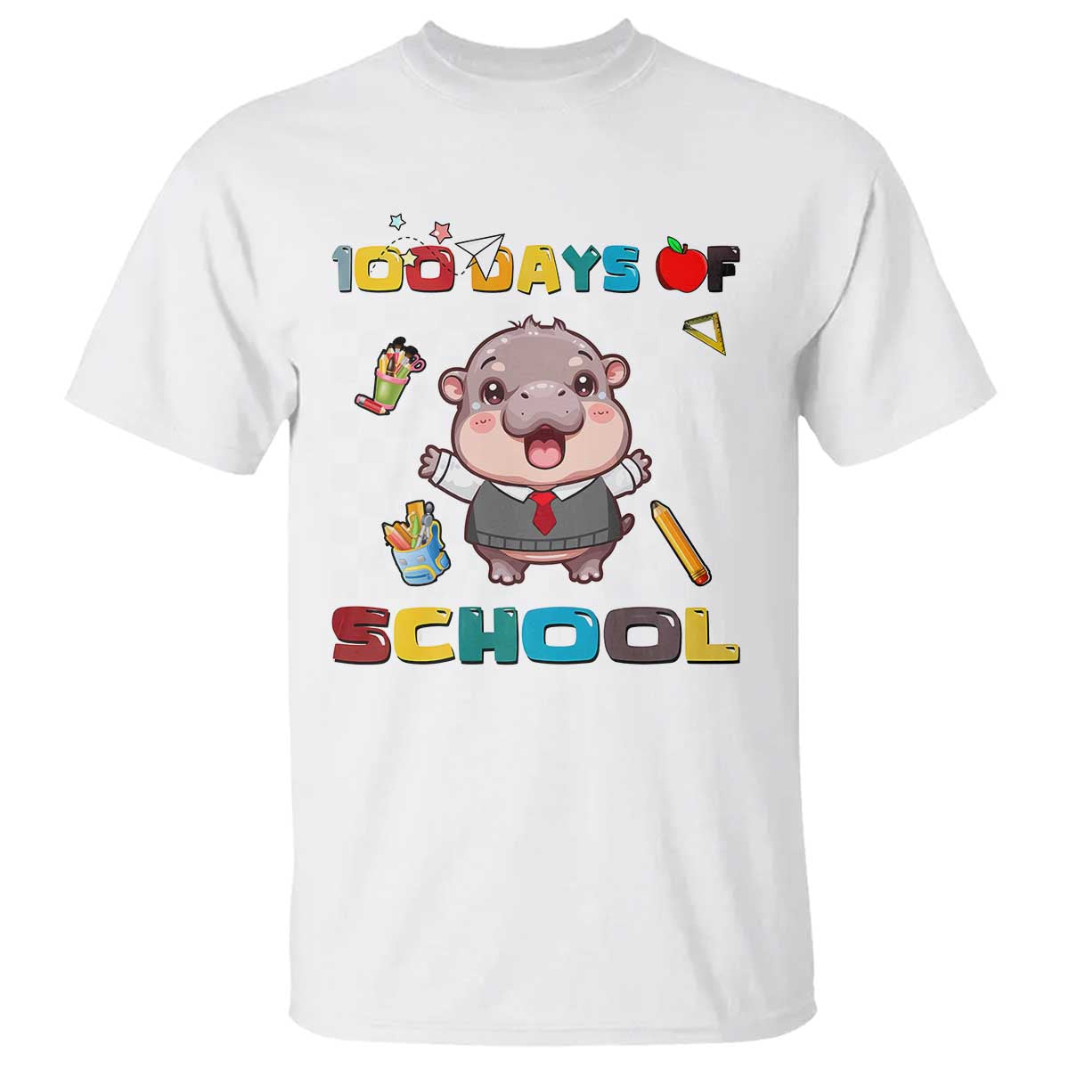 Moo Deng 100th Day Of School T Shirt Cute Baby Hippo 100 Days - Wonder Print Shop
