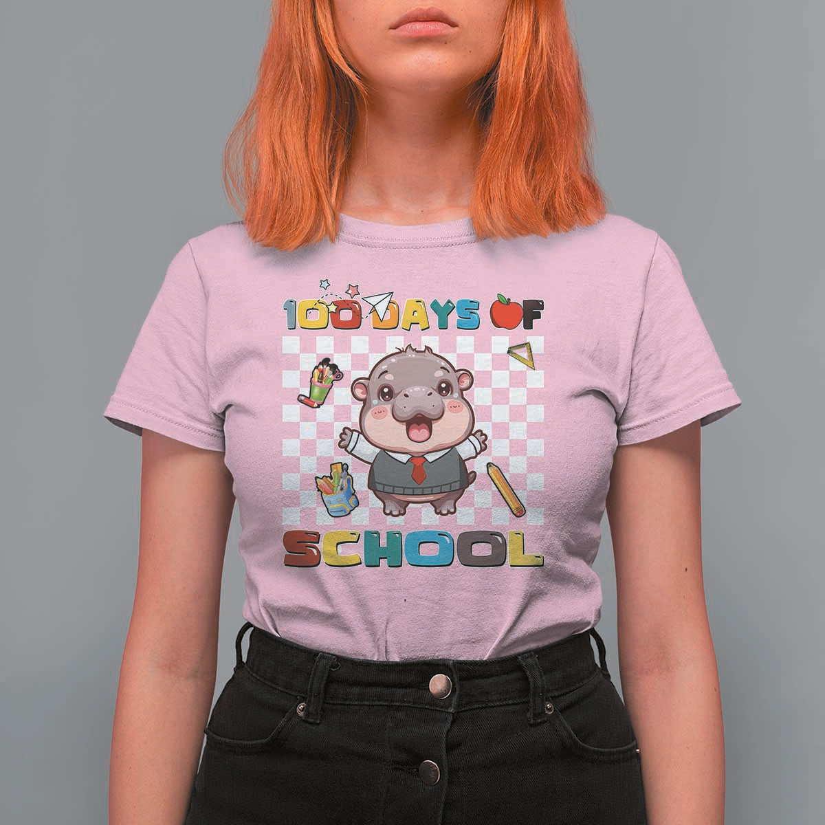 Moo Deng 100th Day Of School T Shirt For Women Cute Baby Hippo 100 Days - Wonder Print Shop