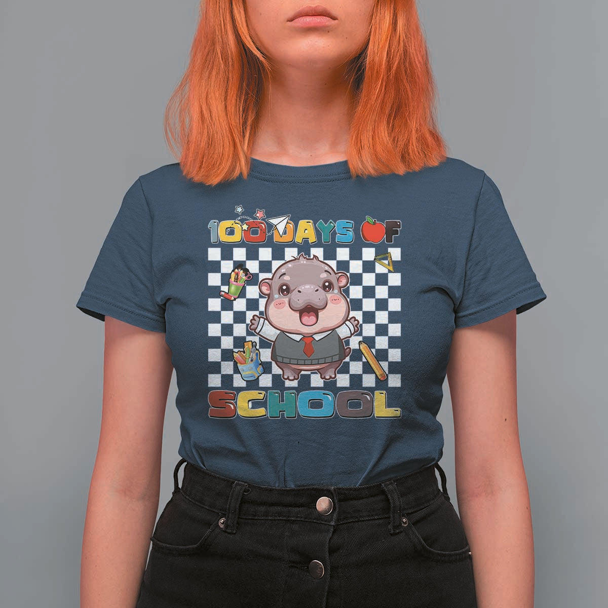 Moo Deng 100th Day Of School T Shirt For Women Cute Baby Hippo 100 Days - Wonder Print Shop