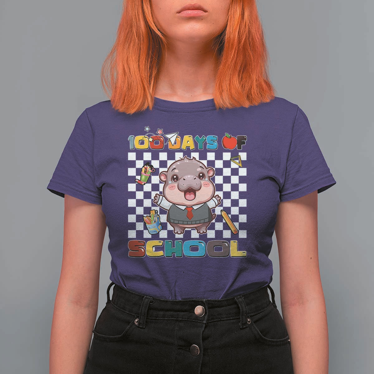 Moo Deng 100th Day Of School T Shirt For Women Cute Baby Hippo 100 Days - Wonder Print Shop