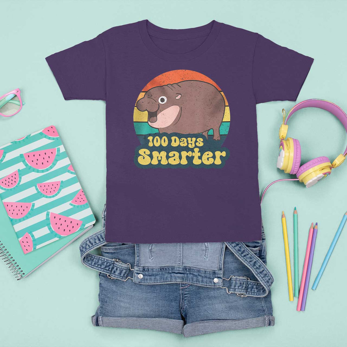100th Day Of School T Shirt For Kid Moo Deng 100 Days Smarter Retro Baby Hippo - Wonder Print Shop