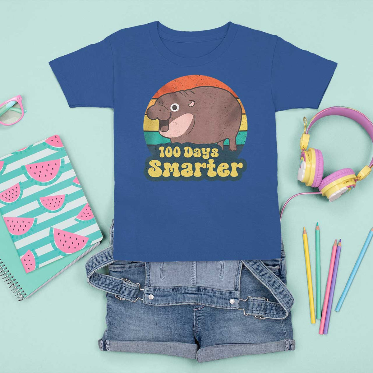 100th Day Of School T Shirt For Kid Moo Deng 100 Days Smarter Retro Baby Hippo - Wonder Print Shop