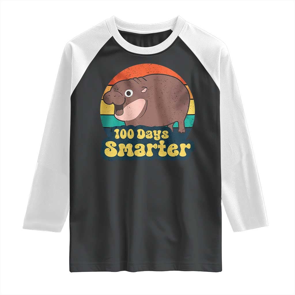 100th Day Of School Raglan Shirt Moo Deng 100 Days Smarter Retro Baby Hippo