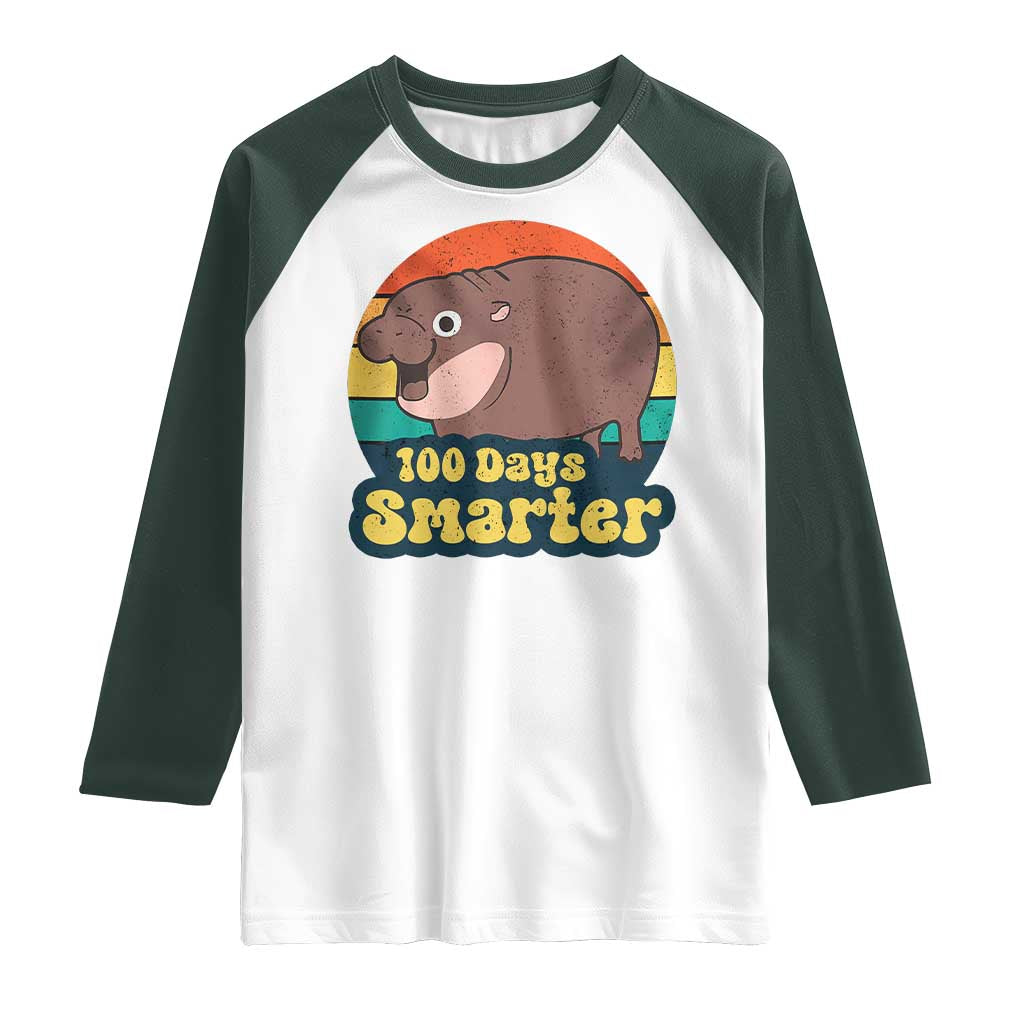 100th Day Of School Raglan Shirt Moo Deng 100 Days Smarter Retro Baby Hippo