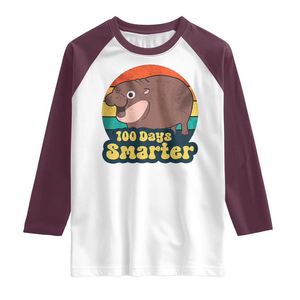 100th Day Of School Raglan Shirt Moo Deng 100 Days Smarter Retro Baby Hippo