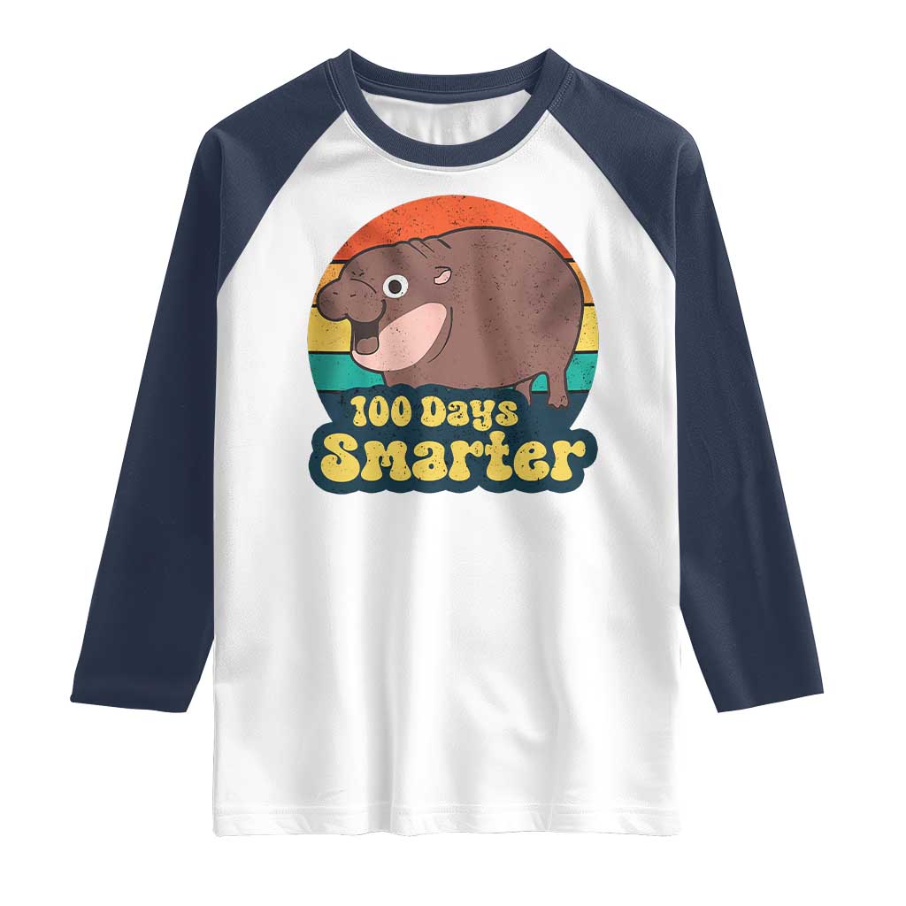 100th Day Of School Raglan Shirt Moo Deng 100 Days Smarter Retro Baby Hippo