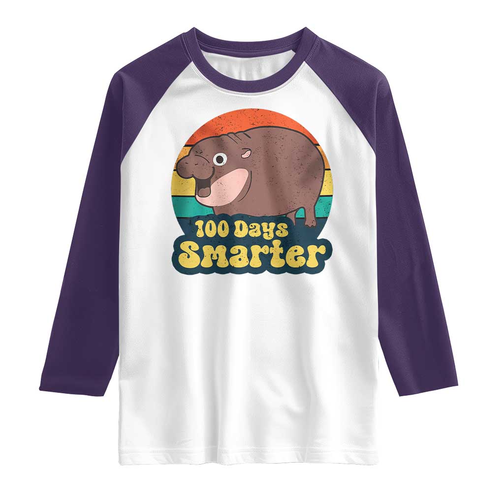 100th Day Of School Raglan Shirt Moo Deng 100 Days Smarter Retro Baby Hippo