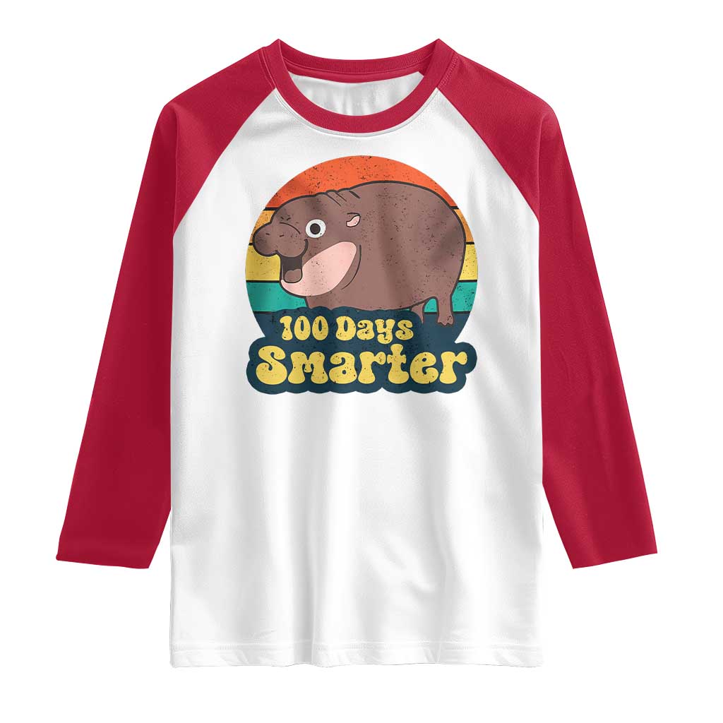 100th Day Of School Raglan Shirt Moo Deng 100 Days Smarter Retro Baby Hippo