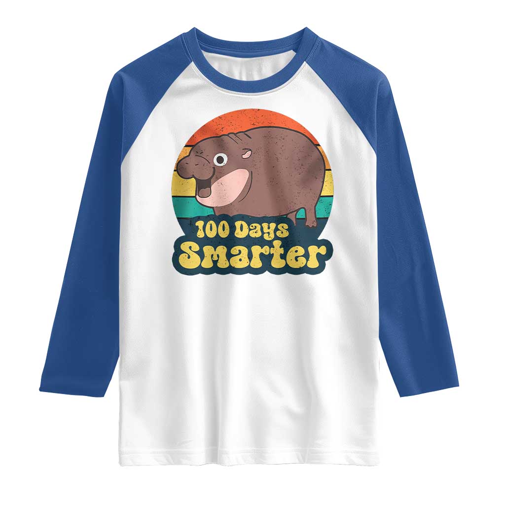 100th Day Of School Raglan Shirt Moo Deng 100 Days Smarter Retro Baby Hippo