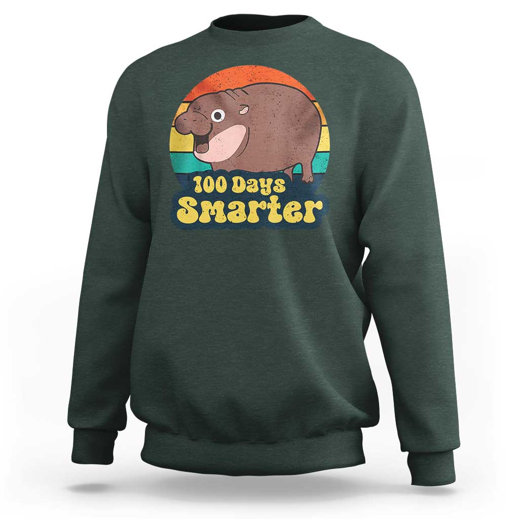 100th Day Of School Sweatshirt Moo Deng 100 Days Smarter Retro Baby Hippo - Wonder Print Shop